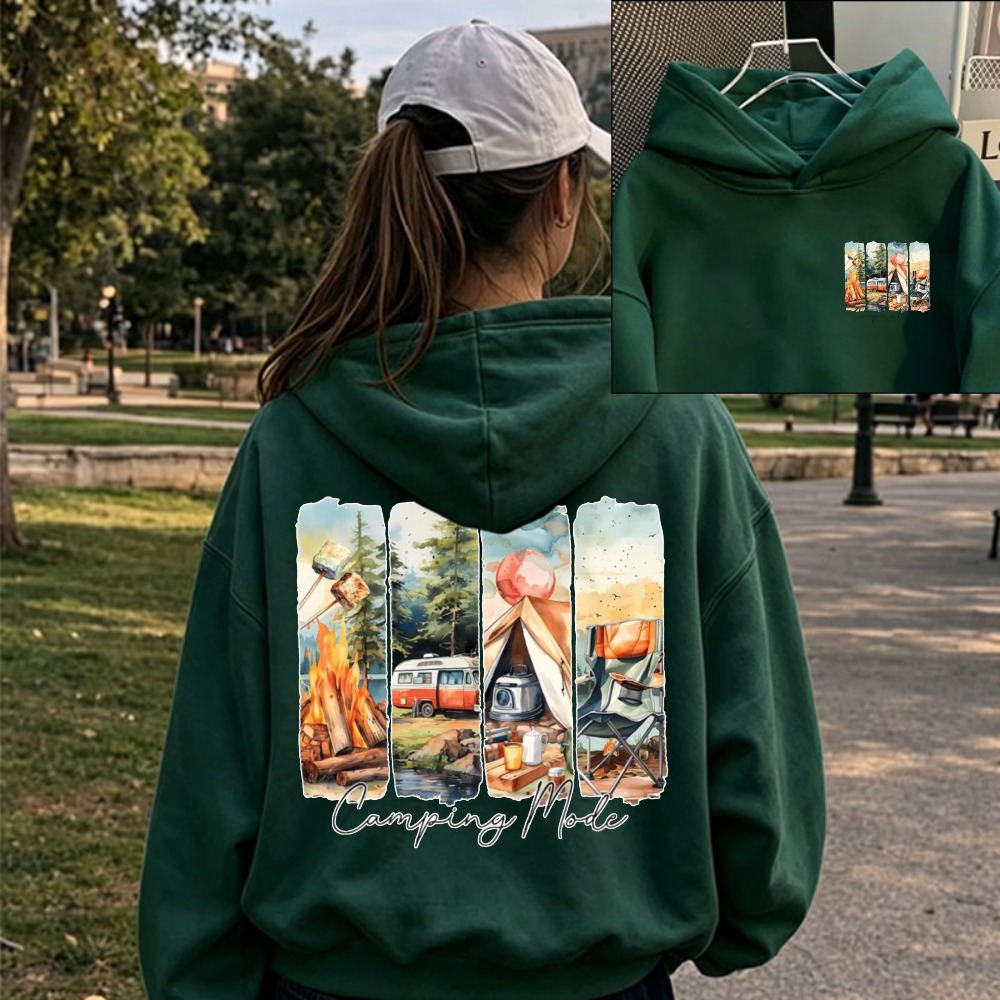 Outdoor Adventure Rv - Hoodie Wanita Motif Berkemah, Api Unggun,